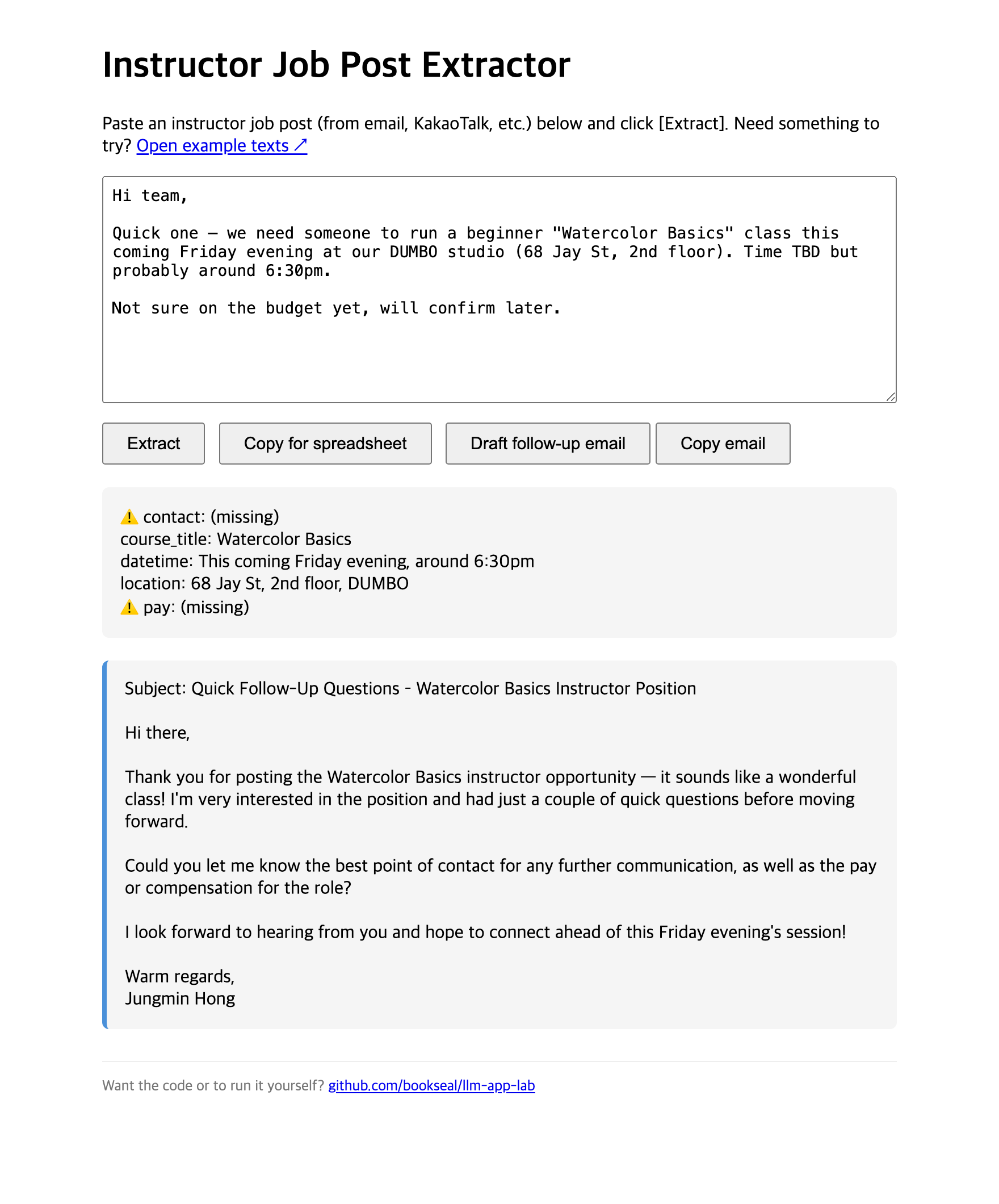 Instructor Job Post Extractor — paste a messy job post; Claude extracts structured fields (flagging missing ones with ⚠️) and drafts a follow-up email asking only for what's missing