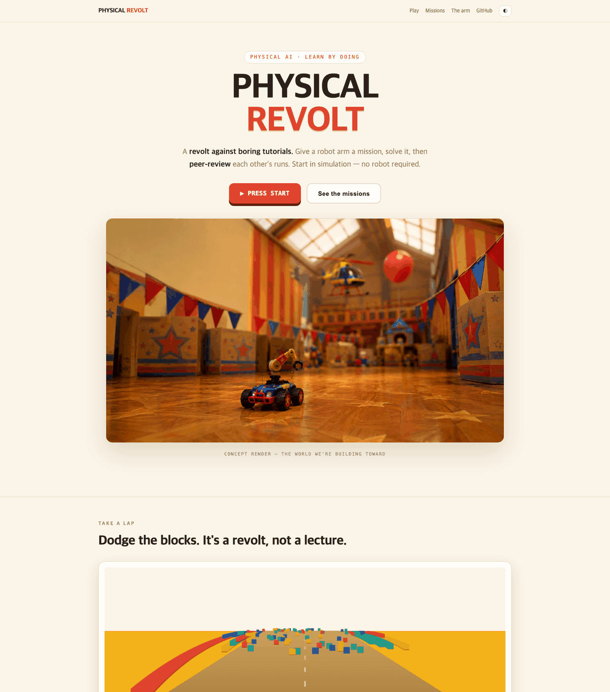 Physical Revolt — playable landing page: a peer-review school for Physical AI with robot-arm missions